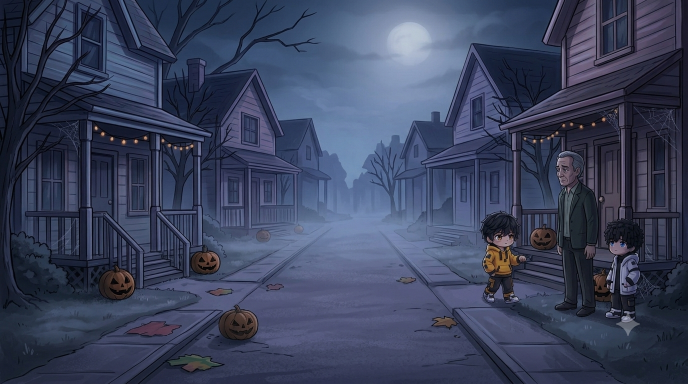 A symbolic, eerily empty Halloween street in the dream — dark porches, unlit lanterns, and no children in sight, evoking a lonely silence.